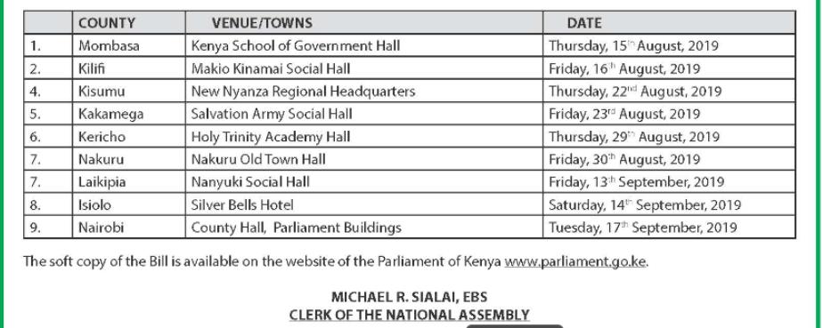 MzalendoWatch's tweet image. The Departmental Committee on Communication, Information and Innovation wishes to notify Kenyans that public hearings on the Data Protection Bill, 2019 will be conducted in the following counties highlighted in the 2nd newspaper excerpt. #PublicParticipation