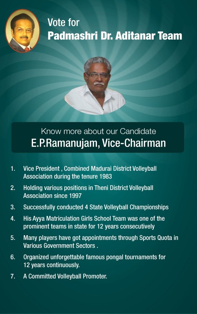 AdithanarTeam's tweet photo. Know More About Our Candidate Mr. P.Ramanujam Vice - Chairman,

1. Vice President, Combined Madurai District Volleyball Association during the tenure 1983 
2. Successfully conducted 4 State Volleyball Championships 

☝️Vote for Padmashri Dr. Aditanar Team🏐 https://t.co/FDO1s2icBb