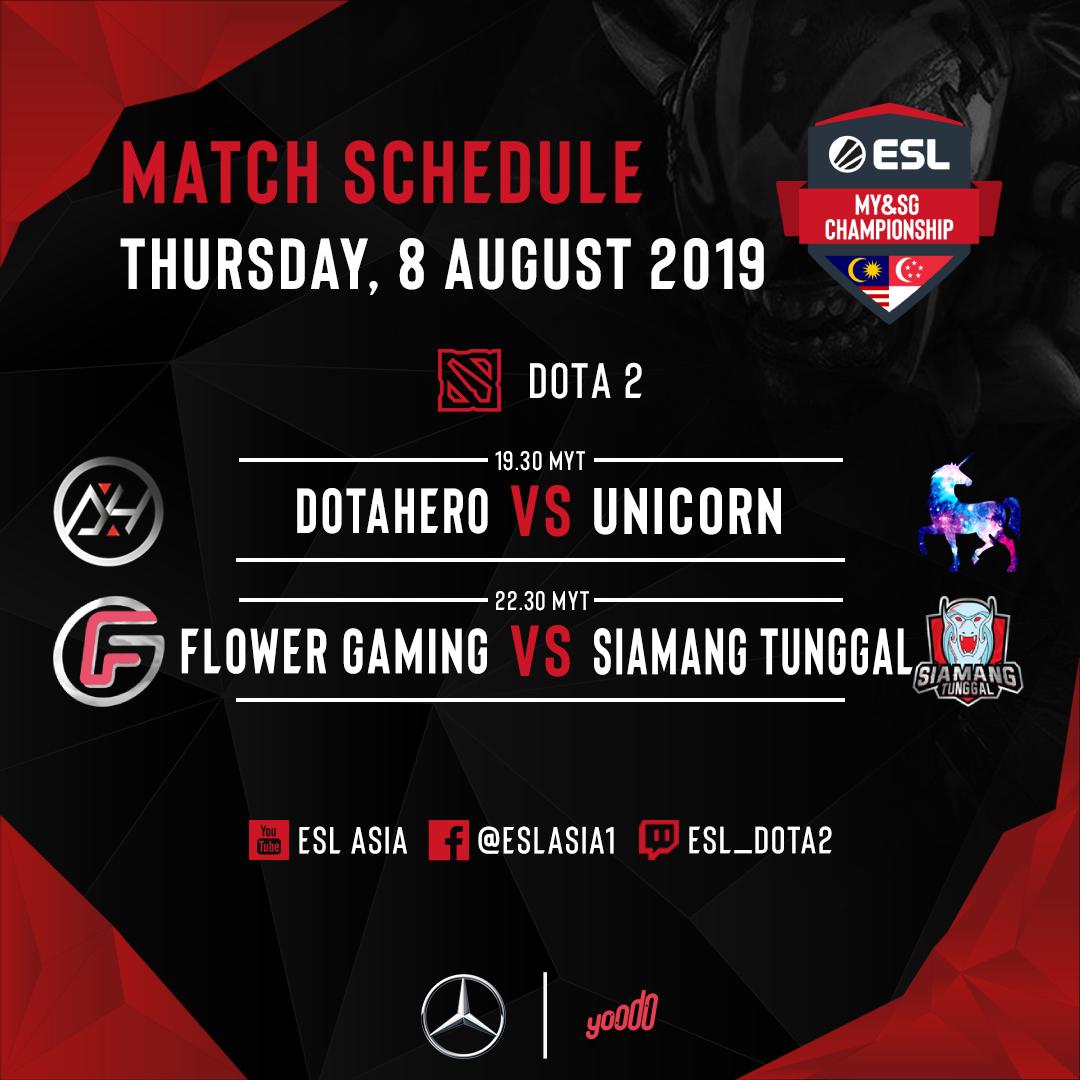 ESL_Asia's tweet photo. ESL MYSG Championship: Group Stage Decider matches is tonight! Both series will determine which team will advance to the playoffs! #ESLMYSGChamps

8th August, GMT+8 
7.30PM - #DotaHero vs. #Unicorn
10.30PM - #FlowerGaming vs. #SiamangTunggal

Casters: @HusKKiee &amp; @Daneliecasts https://t.co/Z6QVfJCaOK
