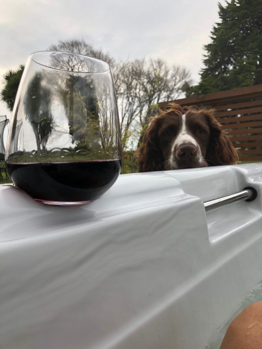 Calves all fed.  Spa and a red wine... would be more relaxing if I wasn’t being watched.
