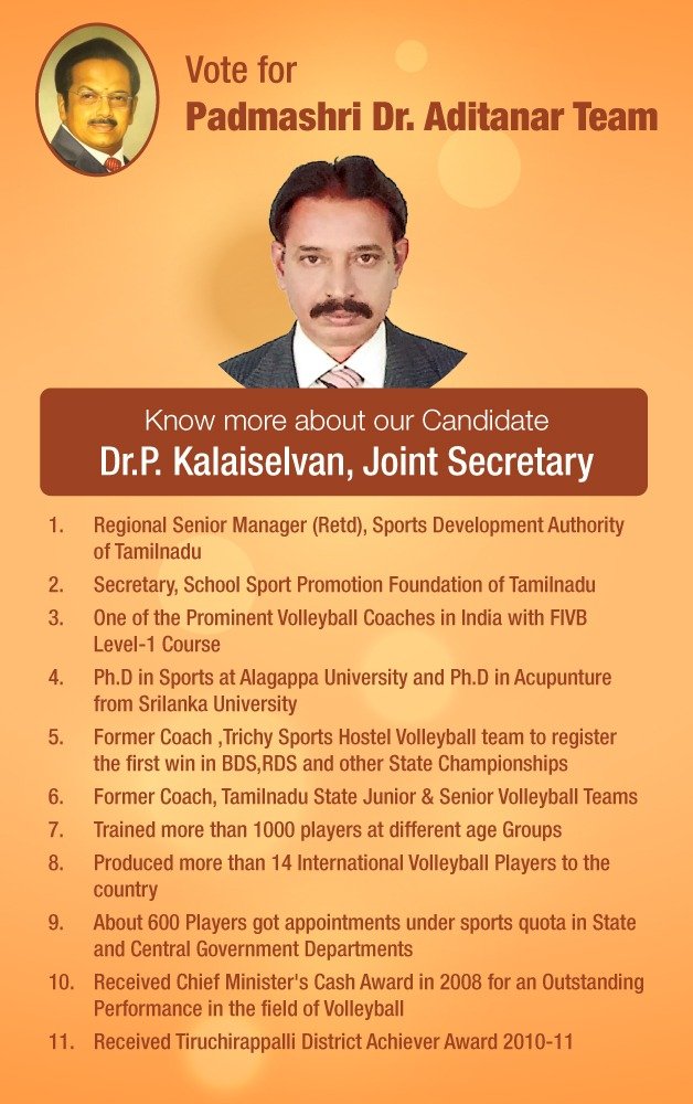 AdithanarTeam's tweet photo. Know More About Dr.P. Kalaiselvan, Joint Secretary

1. Regional Senior Manager (Retd), Sports Development Authority of Tamilnadu 
2. Secretary, School Sports Promotion Foundation of Tamilnadu 
3. One of the Prominent Volleyball Coaches in India with FIVB Level - 1 Course and more https://t.co/rt1gjUgHsS
