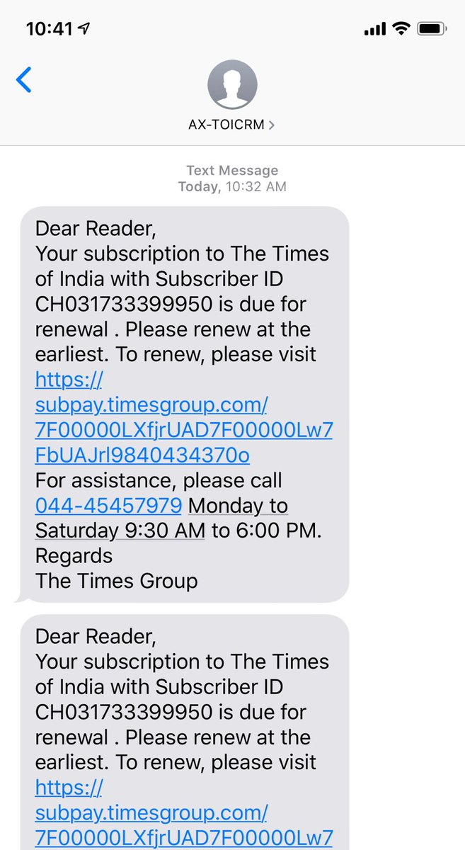 skiddyrow's tweet photo. Hey @timesofindia please stop spamming me with renewal SMSs - been getting these for over two months 2-3 times a day even after renewing it early out of frustration. Have made a dozen phone complaints as well to that number in the text. https://t.co/s4W4vK8mZv