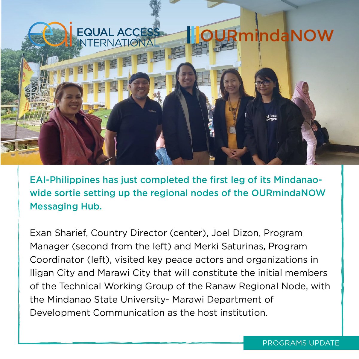 EqualAccessPH's tweet photo. We are starting to establish the OURmindaNOW Messaging Hub! Swipe to see our programs update. For more information about the Messaging Hub and how to get involved, contact the host organizations or EAI-PH at eaiphilippines@equalaccess.org.
#messaginghub
#EAIPH
#equalaccess https://t.co/YssYJs0l09
