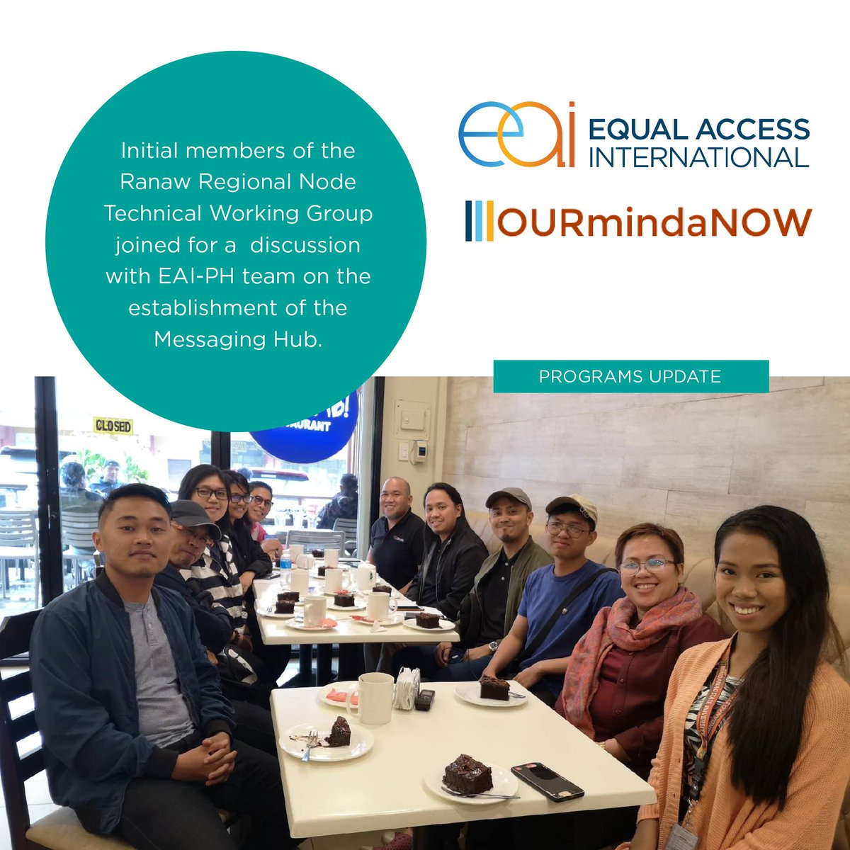 EqualAccessPH's tweet photo. We are starting to establish the OURmindaNOW Messaging Hub! Swipe to see our programs update. For more information about the Messaging Hub and how to get involved, contact the host organizations or EAI-PH at eaiphilippines@equalaccess.org.
#messaginghub
#EAIPH
#equalaccess https://t.co/YssYJs0l09