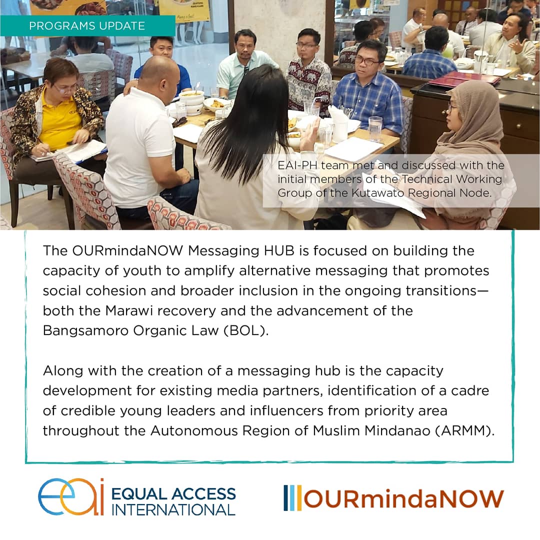 EqualAccessPH's tweet photo. We are starting to establish the OURmindaNOW Messaging Hub! Swipe to see our programs update. For more information about the Messaging Hub and how to get involved, contact the host organizations or EAI-PH at eaiphilippines@equalaccess.org.
#messaginghub
#EAIPH
#equalaccess https://t.co/YssYJs0l09
