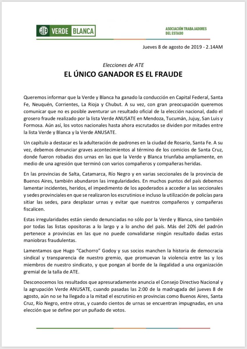GustavoCanook's tweet photo. #EleccionesATE2019  Fuerte denuncia desde @VerdeyBlancaATE  El fraude no puede imponerse a la voluntad de lxs trabajadoexs. 
@ischargro @juan_amorin @VHMok @rcaballeroam https://t.co/eVDhuu8uDX
