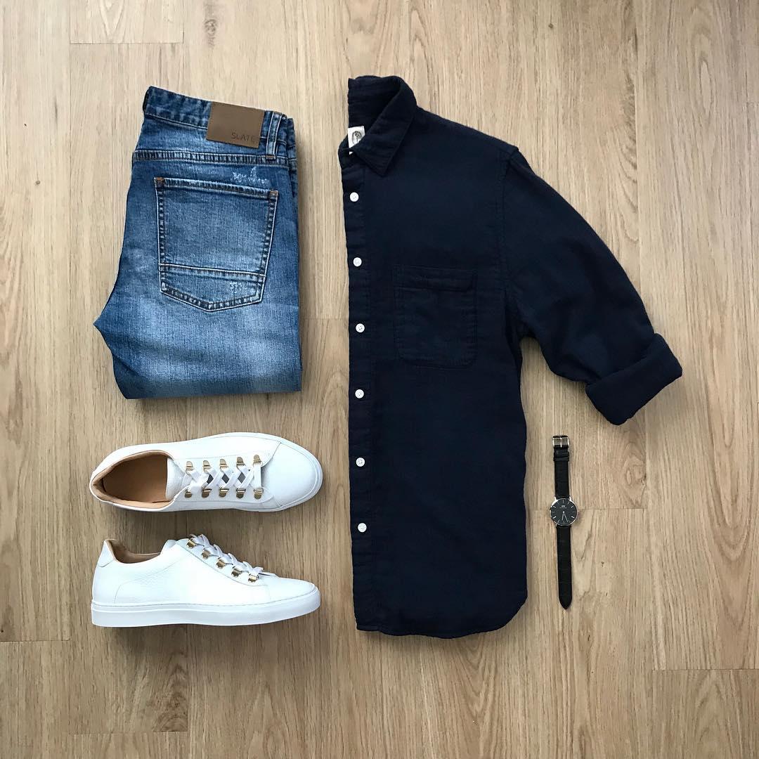 Kit Harington wearing Navy Long Sleeve Shirt, Black Jeans, Dark Brown Suede  Oxford Shoes | Lookastic