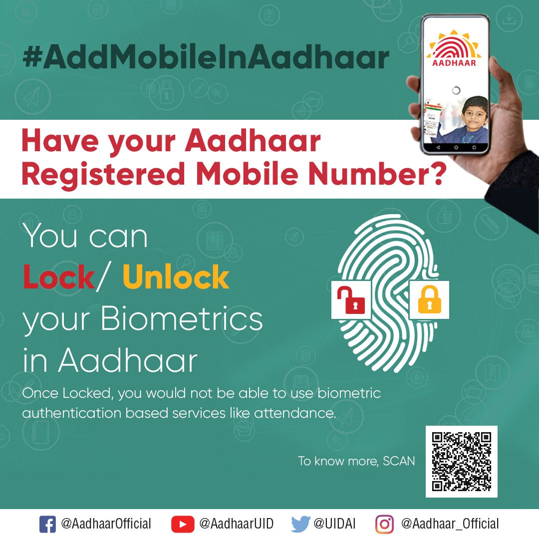 UIDAI's tweet photo. If you do not wish to use Aadhaar based biometric authentication service, you can 'Lock' your biometrics from https://t.co/O8VS8MPnEi. You can 'Unlock' them whenever you wish to use it. Remember, you need your Aadhaar registered mob. number for the login OTP. #AddMobileInAadhaar https://t.co/aF7tJjgUxH
