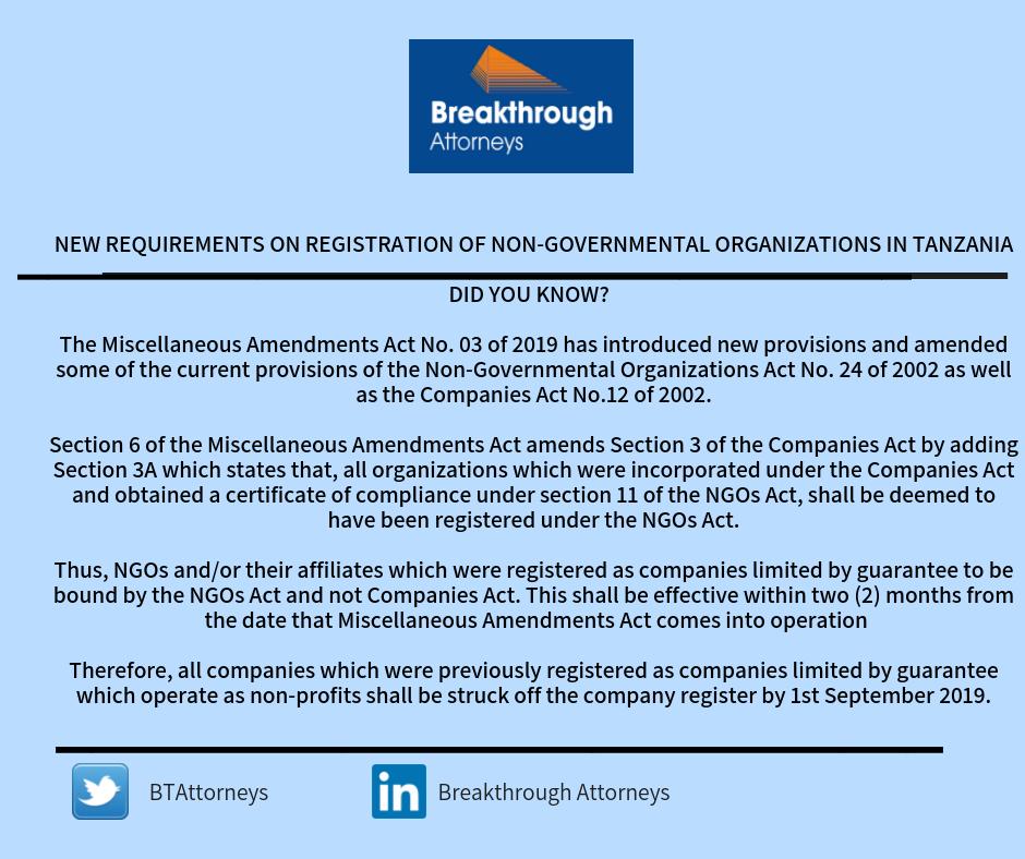 BTAttorneys's tweet image. This week on #LegalTipsThursday, Breakthrough Attorneys provides an update regarding registration of NGOs in Tanzania after enactment of the Written Laws (Miscellaneous) Amendments Act No.3 of 2019.