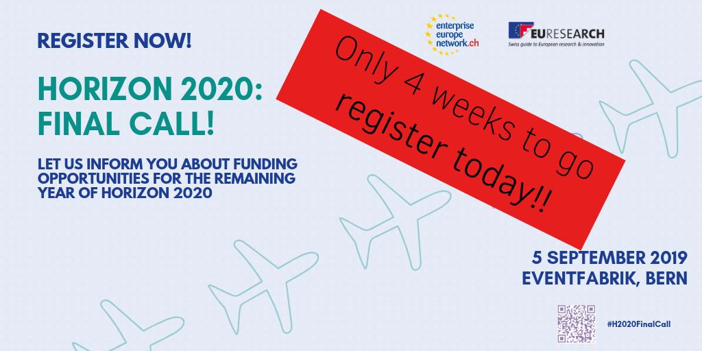 SwissEuresearch's tweet photo. Don't miss this unique event! Only 4 weeks to go! We will inform you about funding opportunities for the remaining year of #H2020! https://t.co/4jgtbePtTA #H2020FinalCall @_Innosuisse @SwissCore @academies_ch @swissmem @SwissBiotech https://t.co/DRHBDPuny3