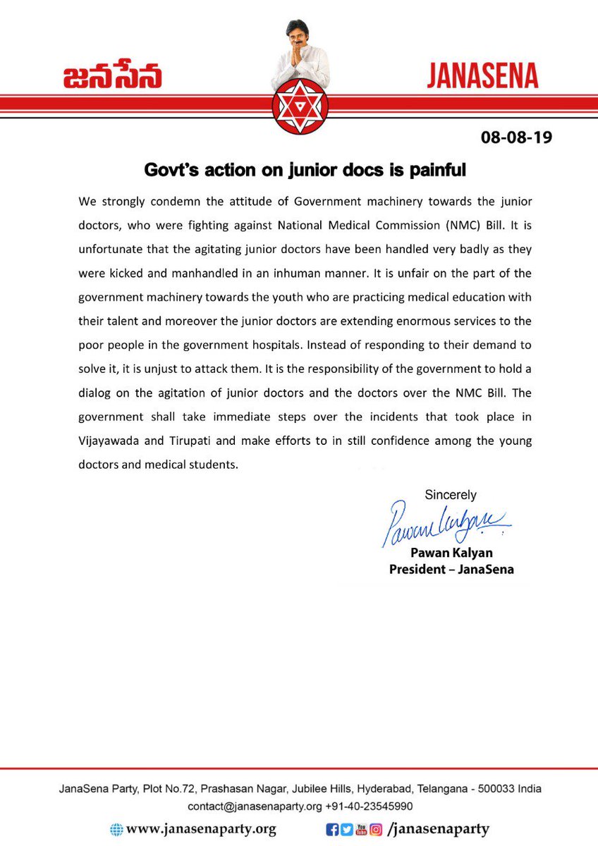 JanaSenaParty's tweet photo. Govt’s action on junior docs is painful.  #JanaSena Chief Sri #PawanKalyan https://t.co/UFJkoYQSLI