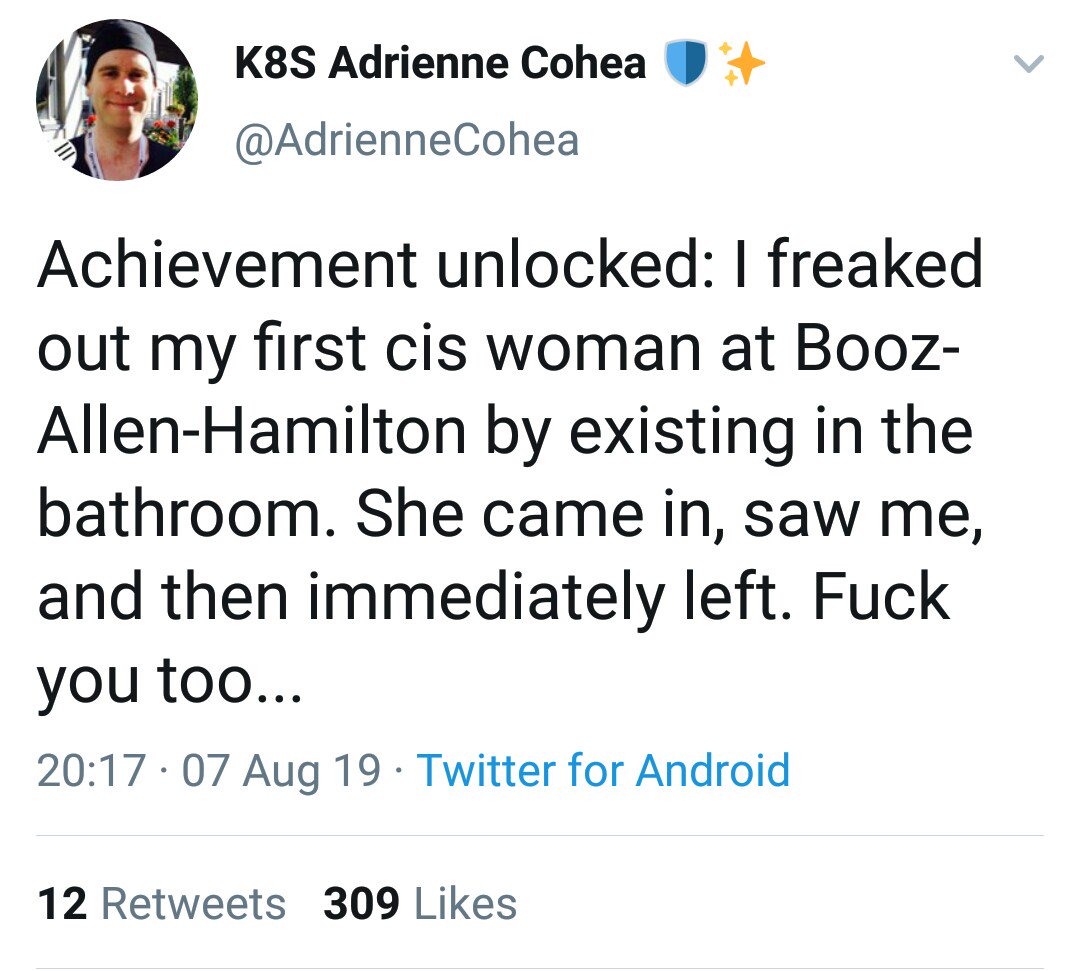 ripx4nutmeg's tweet photo. Man who sometimes identifies as a woman, whose pinned tweet is a selfie of him holding a sword, is delighted that he frightened a woman out of a women's toilet https://t.co/sXX0Or0Q5E