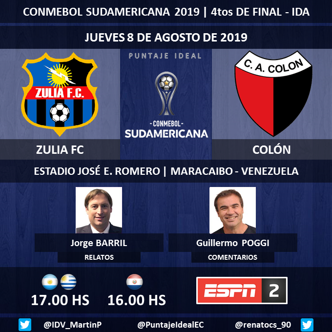 ⚽️ #Sudamericana | 🇻🇪 #ZuliaFC vs. #Colón 🇦🇷
🎙 Relatos: @Jorge_BarriL 
🎙 Comentarios: @guillepoggi 
📺 #ESPN 2 🇦🇷🇺🇾🇵🇾
💻📱 @ESPNPLAY 🇦🇷🇺🇾🇵🇾 
🤳#FUTBOLxESPN 
Dale RT 🔃