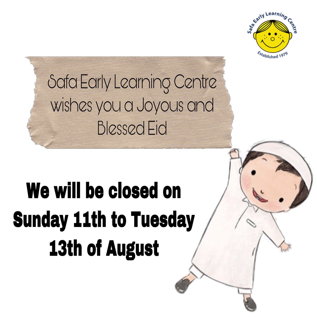 ElcSafa's tweet photo. Reminder: We will be CLOSED on the 11th to the 13th of August and we will be back on the 14th August.  🌙 #eidaladha #Eid #blessed #family #together #blessing #safaearlylearningcentre #Dubai  #AlBadaa #learning #nursery #education #children#bestnurserydubai #bestnurseriesindubai https://t.co/nzGEwzuzZU