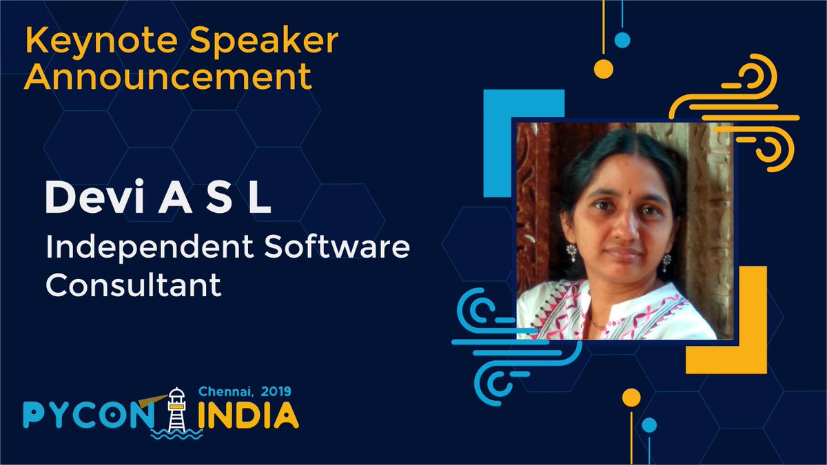 pyconindia's tweet photo. We are happy to announce that Devi @asldevi is a keynote speaker for PyCon India 2019! https://t.co/hJow0eHvEX

#Python #PyConIndia2019 https://t.co/qCDf1gI9u1