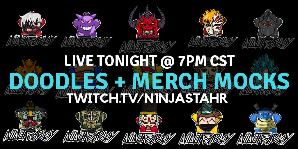 N1NJAStahr's tweet photo. Doodles + Merch Mocks &amp; MORE
Hope to see you there❤
LIVE TONIGHT @ 7PM CST
https://t.co/KWyW68iwjM 
#N1NJAsArmy #reapsandpeeps #leakysquad #artistsontwitter https://t.co/8sUnN1DY3P