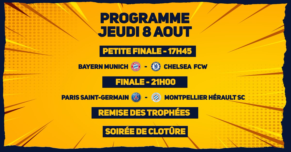 WomensFrenchCup's tweet photo. WFC 2019 || PROGRAMME DE VOTRE JOURNÉE

1️⃣ RDV  : 
17H45 - FC Bayern Frauen 🆚 Chelsea Football Club Women (Petite Finale)
21H00 - PSG Féminines 🆚 Montpellier Hérault Sport Club (Finale)

2️⃣ Cérémonie de clôture de la WFC 2019 🏆

 3️⃣ Soirée de clôture autour des joueuses 💃🏻🕺🏽 https://t.co/a4UpBK7fdp