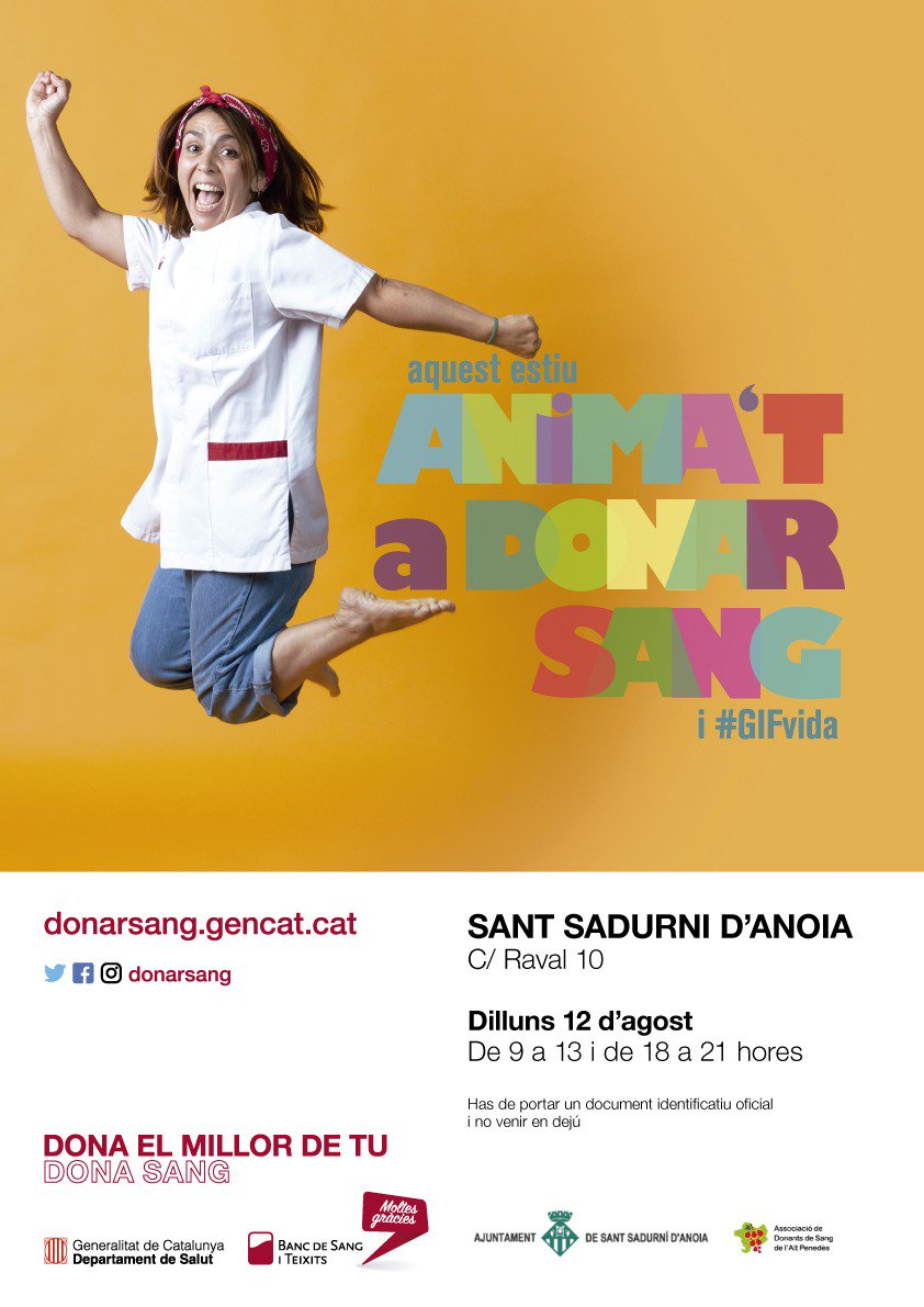 radiosantsa's tweet photo. Dilluns apropa’t a @donarsang a #santsadurni! 

📆 12/08/2019 
📍 C/Raval, 10
⏰ De 9h a 13h i de 18h a 21h https://t.co/lRExaNxsqr