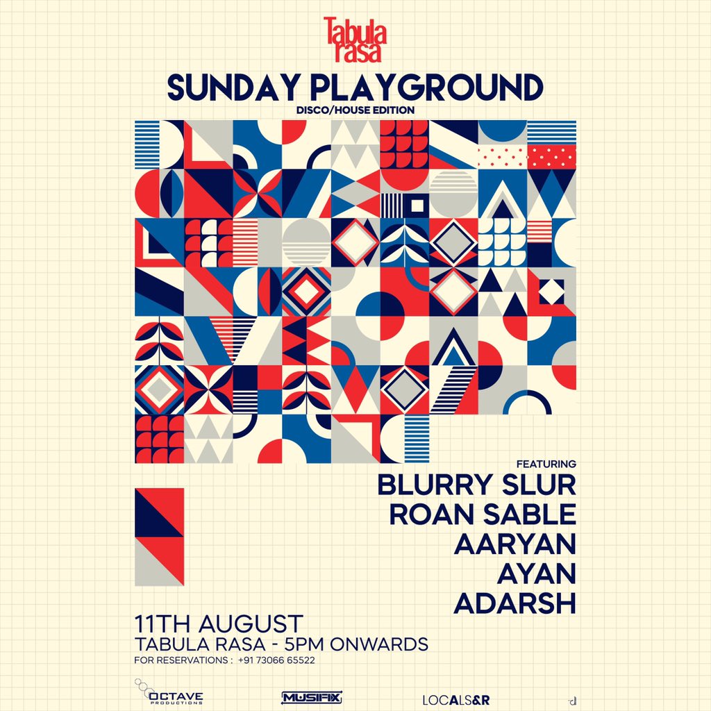 #Hyderabad #ICYMI #GigAlert We’re bringing back the groove this Sunday at #TabulaRasa as we showcase a very very special House/Disco edition Of Hyderabad’s favourite monthly ritual <a href="/PlaygroundIND/">Sunday Playground</a> with this amazing lineup featuring two debut acts as well. Sunday 11th August | 5pm.