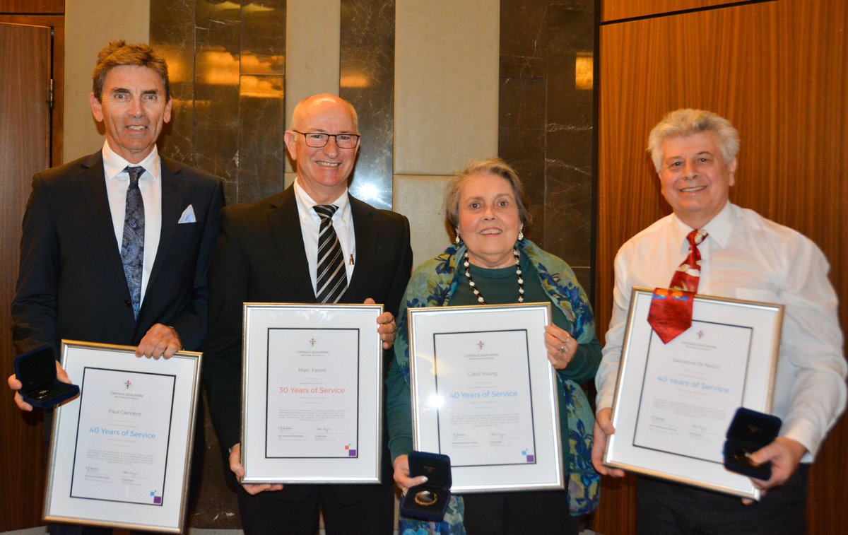 SHC_WA's tweet image. 40 and 30 years of service to @CatholicEdWA - congratulations to Mr Paul Clement, Mr Marc Farrell, Miss Carol Young &amp;amp; Mr Sam Di Nucci. Paul &amp;amp; Sam have both spent their 40 years teaching at Sacred Heart! Amazing achievement. @LucieMc80 #40YearsOfService #30YearsOfService