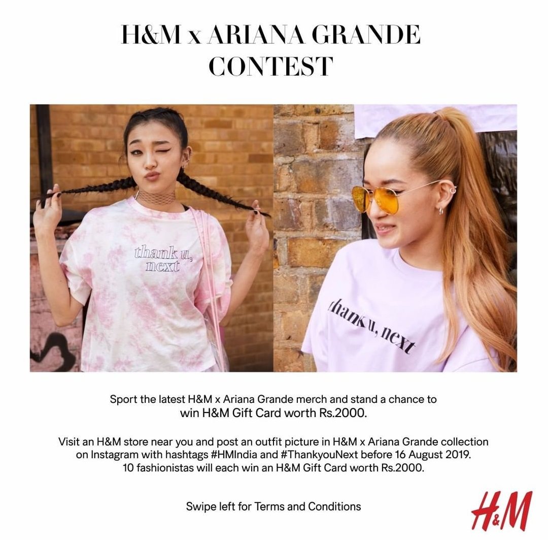 Ankitasharma228's tweet photo. @hm H&amp;MXARIANAGRANDE CONTEST @hm @ArianaGrande 
Chance to win H&amp;M gift card worth Rs. 2000🤩
So what are you waiting for visit your nearest H&amp;M store post an outfit picture in H&amp;M X ARIANA GRANDE Collection on @instagram with hashtags #HMIndia and #Thankyounext before 16 Aug 2019 https://t.co/I9enQabqbT