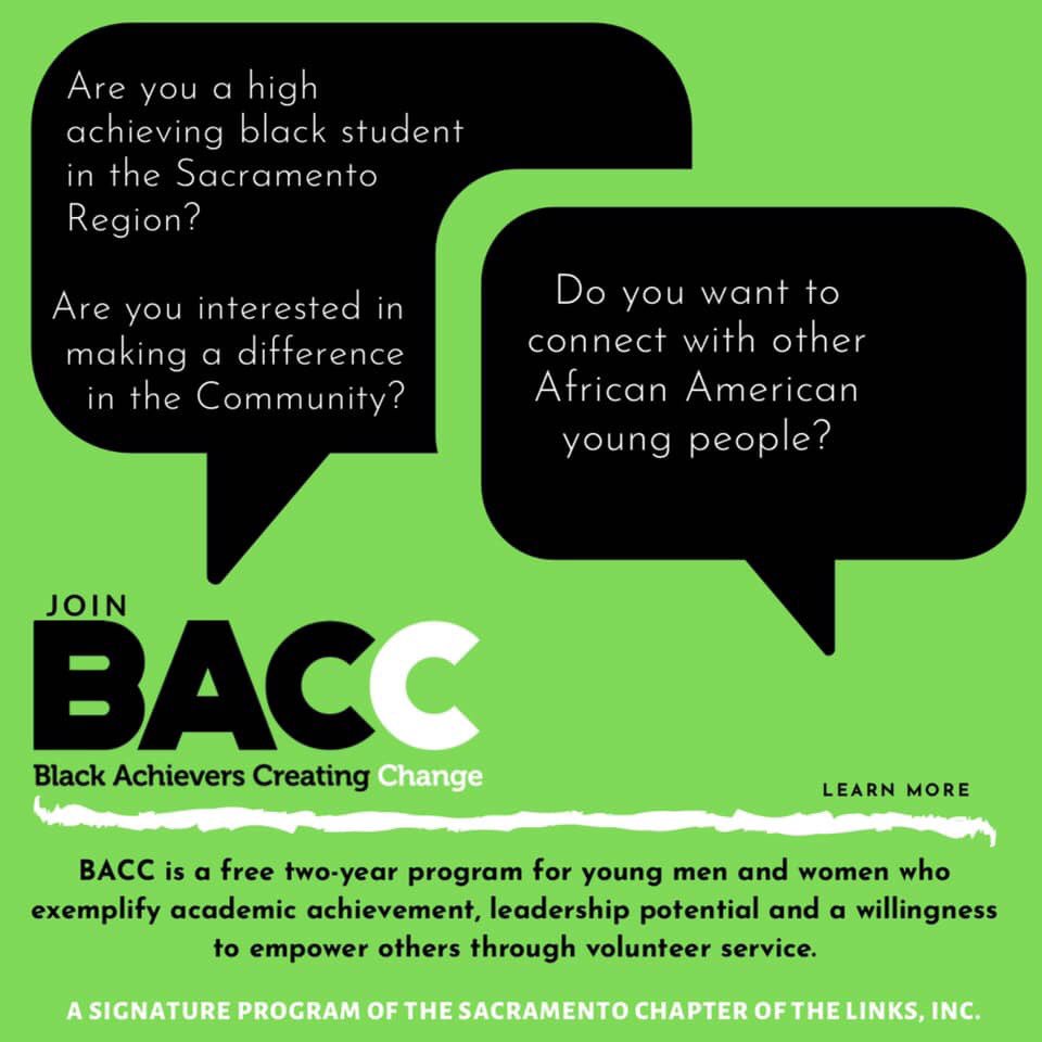 1LorettaWalker's tweet photo. The Sacramento Chapter of The Links, Inc invites area youth to join BACC. A 2-year program focused on connecting, supporting &amp; celebrating achieving African American students in Sacramento Region. https://t.co/cV4aPh0EaP
#SacLinksBACC
#SacAchievers
#BlackAchieversCreatingChange https://t.co/Us2EtrPQjM