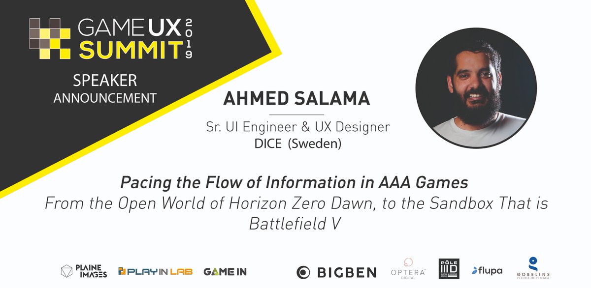EuraCreative's tweet image. So glad to receive Ahmed Salama @Salamatizm, senior UI Engineer &amp;amp; UX Designer at Swedish studio Dice, at Game UX Summit 2019 😃
Backed by his experience, his work can be found in titles like Killzone Shadow Fall, Horizon Zero Dawn and Battlefield V!