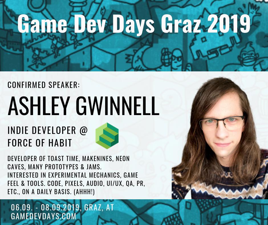 Meet our awesome speakers: 
Ashley Gwinnell (<a href="/ashleygwinnell/">Ashley Gwinnell</a>) Indie game developer @ Force Of Habit (<a href="/forcehabit/">Force Of Habit</a>)

Register for the Game Dev Days 2019 today! (It's free!)
gamedevdays.com

#gamedev #indiedev #gddg19 #gamedevdays