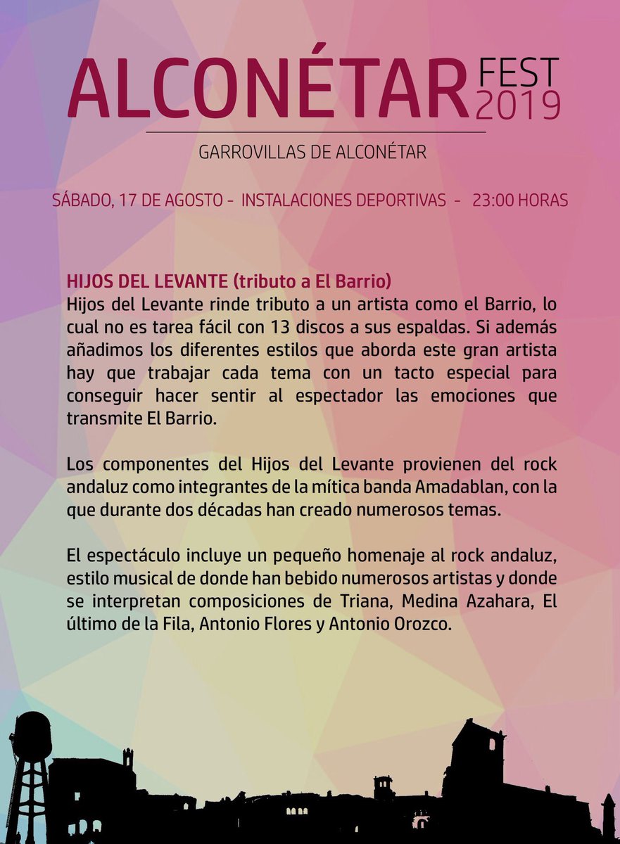 ℹ️ GRUPOS.
➡️ Hijos del Levante (tributo a El Barrio).

ALCONÉTAR FEST 2019:

📆 17 de agosto.

🏟 Instalaciones deportivas.

🕰 23:00h (aperturas de puertas 22:00h).

ENTRADAS ANTICIPADAS YA A LA VENTA EN:

🎟 Frutos Secos Diego.
🎟 Golosinas Arcoíris.
🎟 Ticketea.