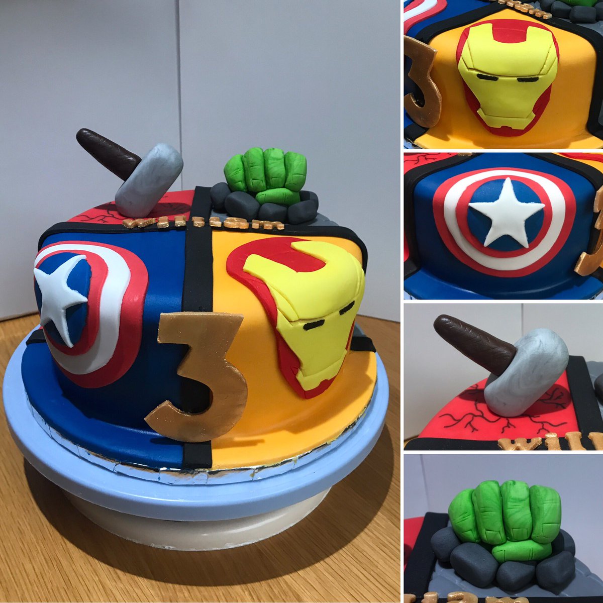 stephmcd90's tweet photo. Really enjoyed making wee Williams cake this year. Was asked to make it Avengers so here you go. Hope he likes what I came up with. #StephsCakes #AmateurBaker #AvengersCake #IronManCake #HulkCake #ThorCake #CaptainAmericaCake #MarvelCake https://t.co/a6ftmR1cNq