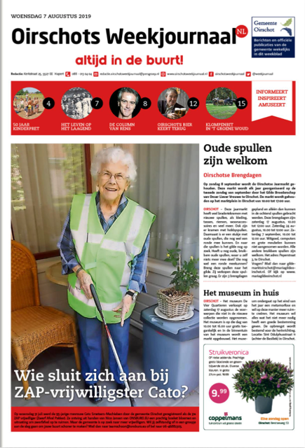 TROTS! In 2018 had <a href="/gem_Oirschot/">Gemeente Oirschot</a> 9 actieve #ZAPpers (#ZwerfAfvalPakkers). Inmiddels staat de teller op 34 ZAPpers! Zo is de 95-jarige mevrouw Cato ook actief om de #buurt een stuk #schoner te maken! Wie sluit zich aan bij deze ZAP-vrijwilligers? 

oirschotsweekjournaal.nl/reader/60901#p…