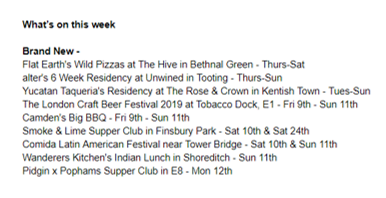 LondonPopups's tweet photo. The weekly newsletter is out - the best pop-ups and temporary / one-off food events in London, listed day by day, Thursday to Thursday -->  https://t.co/lyKHlgcOlA &amp; here's what's new https://t.co/uNG9Act4lx