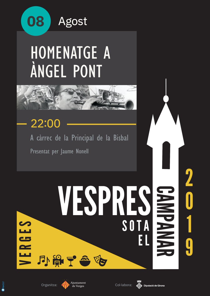 ajverges's tweet photo. Recordeu que avui a les 10 de la nit, se celebrarà a la Placeta de #Verges, un concert-homenatge al mestre Àngel Pont, a càrrec de @PrincipalBisbal. 
Us hi esperem! #sardana #homenatge @conf_sardanista @JaumeNonell #vespressotaelcampanar https://t.co/O2GY7mpFod