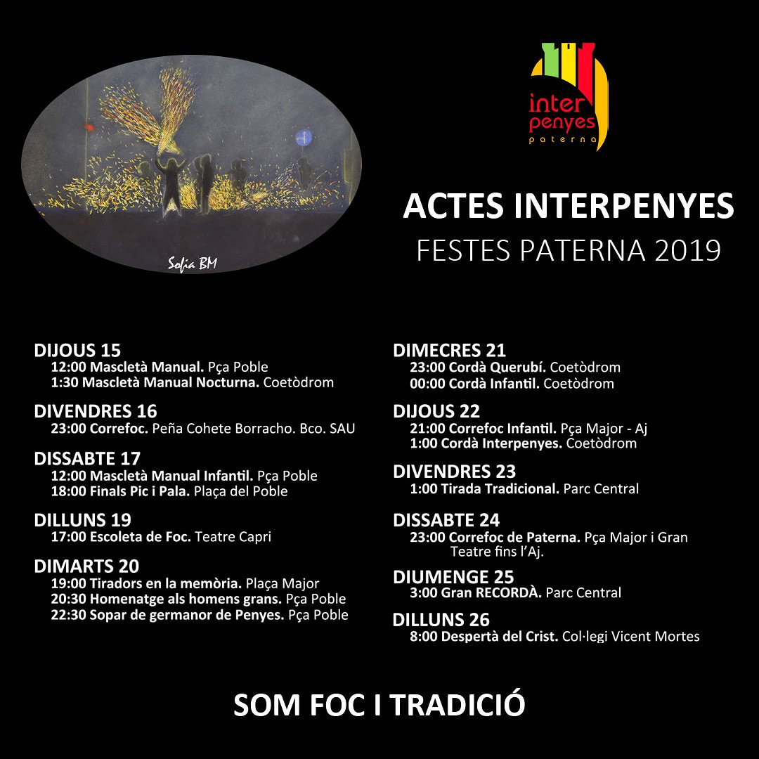 Ací vos deixem la programació dels Actes de la vostra Federació, INTERPENYES 🔥

Segueix-nos a les xarxes socials perquè no se't passe cap dels actes que femmper #Paterna