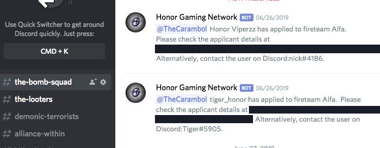 ATSLAYER's tweet photo. A glimpse of Honor's site->Discord system.  The app auto mentions team leader and notifies of details (In specific team channel). https://t.co/AR7FynMNZ6