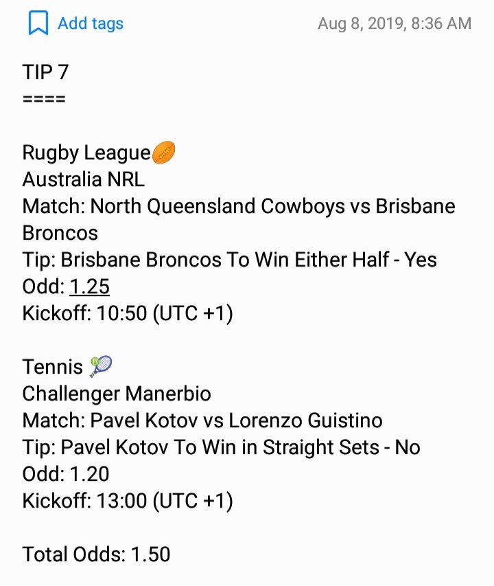 unclejones1960's tweet photo. Tips 7, play as double to get the odd.
#rugbyleague #AustraliaNRL #Tennis #Manerbio #sports #bettingtipster #bettingtips #unclejonesTips #evergreentips #makemoney #TheDonCanDoThis #Bet2Win https://t.co/LVnofmAPeO