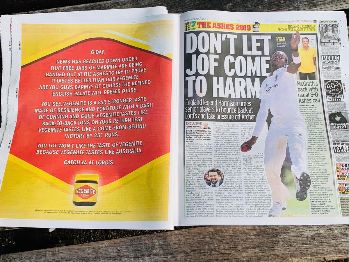 We wish @Marmite all the best but don’t expect Aussies to be bowled over by their antics at the cricket. So, we took action by running a full page ad in the <a href="/DailyMirror/">The Mirror</a> ... Catch ya at Lord’s! #TastesLikeAustralia #Vegemite #Ashes