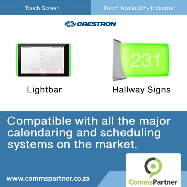 Commspartner's tweet photo. Finding an open meeting space is simplified by adding either the external light bar or hallway sign to your Crestron room booking panel outside each room.  Contact the CommsPartner team in South Africa for more information. https://t.co/qWGBGn8md8 https://t.co/ZLHJYHqcgK