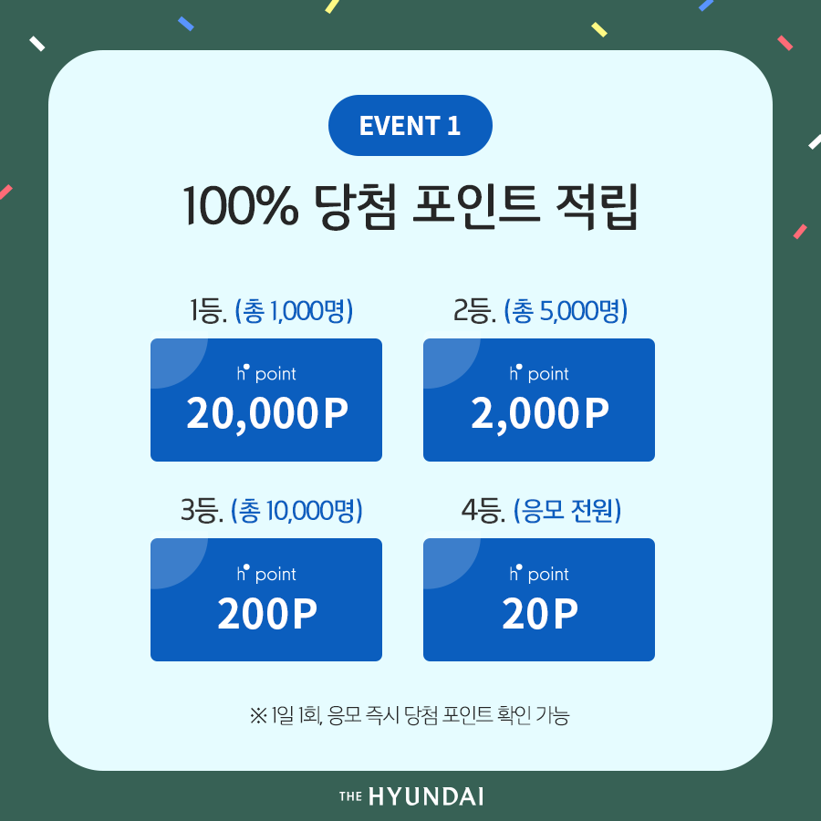 eHyundai_tweets's tweet photo. H.Point 오픈 2주년 기념
100% 당첨 경품 이벤트!
매일매일 팡팡 터지는 포인트 경품부터
최대 200만 포인트의 주인공이 될 수 있는
행운의 기회까지 모두 놓치지 마세요 :)
✔ 기간 : 8.9(금) ~ 8.25(일)
▶ 이벤트 참여 바로가기 : https://t.co/0vaWSblrfm
#현대백화점 #hpoint #H포인트 #이벤트 https://t.co/ZNZKCyECtv