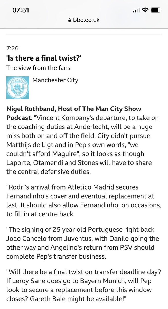 Read Nigel Rothband’s <a href="/ManCity/">Manchester City</a> #TransferDeadLine piece on this morning’s <a href="/BBCSport/">BBC Sport</a> website #bbcfootball #bbc #bbcsport #mcfc #mancity #DeadlineDay
