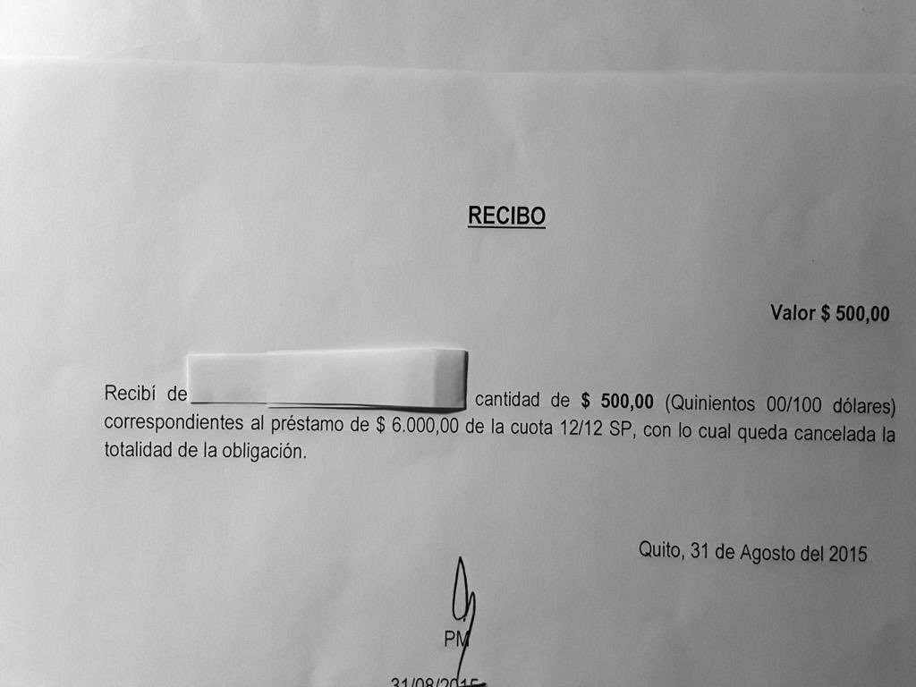 MashiRafael's tweet photo. País:
El 16/mayo/2014, para cubrir sobregiro, de NUESTRO fondo voluntario (ver recibo de MIS aportes) recibí préstamo de $6.000, terminado de pagar en agosto/2015. Tengo todos los cheques y recibos
Esta es la prueba madre de “15 millones en sobornos” y “Odebrecht puso presidente” https://t.co/VSfbwz88Gr