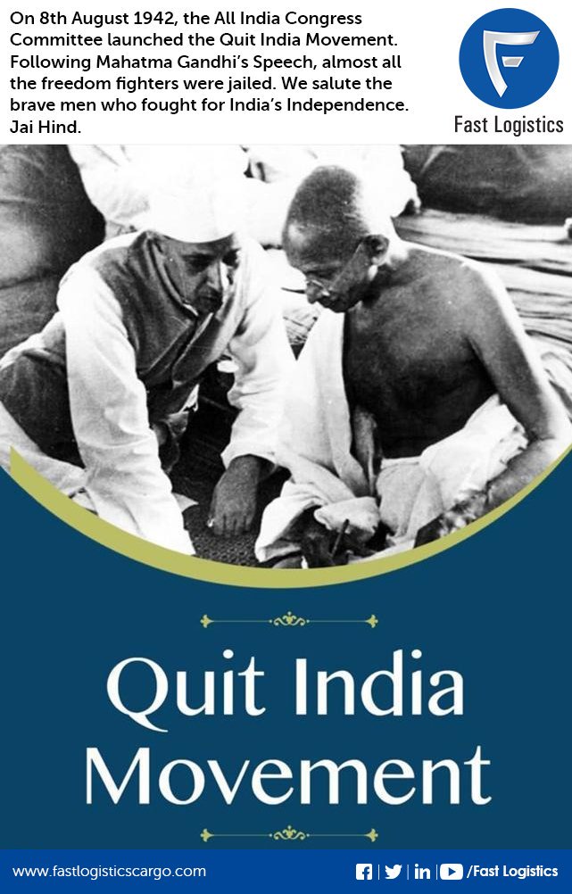 fast_logistics's tweet photo. Nation observes 77th anniversary of #QuitIndiaMovement  #QUITINDIA https://t.co/BdzbdIG7JW