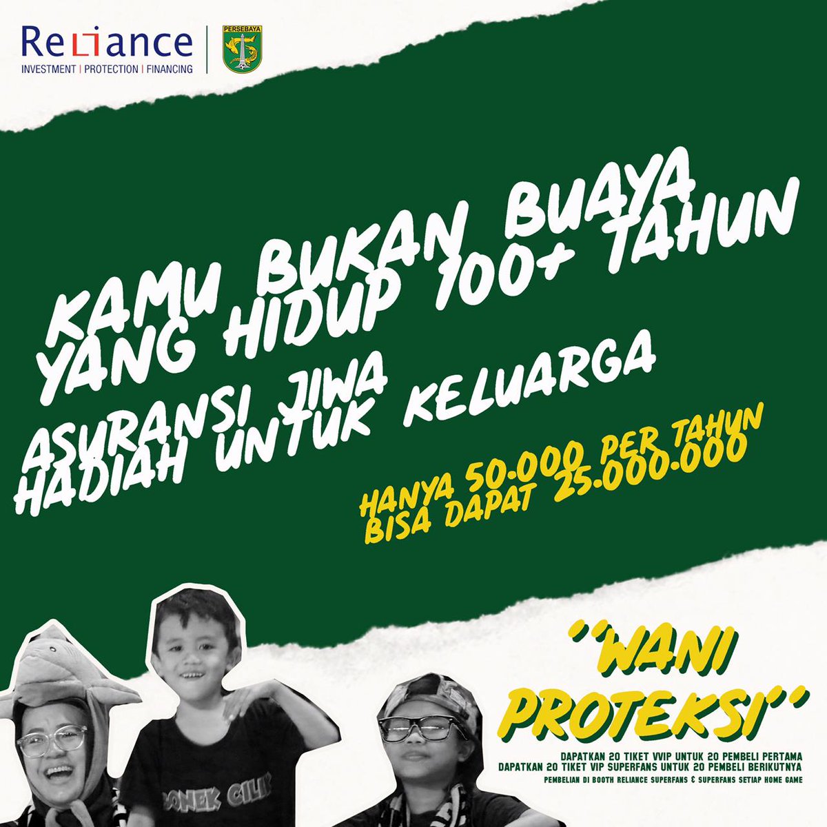 RelianceLife_'s tweet photo. Reliance persembahkan 40 tiket gratis!
Hanya dengan membeli kartu asuransi jiwa "Wani Proteksi" di booth Reliance.
20 pembeli pertama mendapatkan 20 tiket VVIP. Untuk 20 pembeli berikutnya mendapat tiket VIP/Superfans. #nyamandukungpersebaya #persebaya #reliance #reliancelife https://t.co/Byss8UzFsa