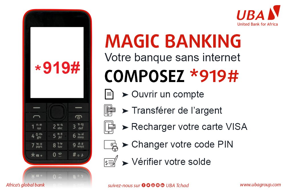 UBATchad's tweet photo. En composant  *️⃣9️⃣1️⃣9️⃣#️⃣  vous pouvez accéder à votre banque et effectuer vos opérations sans besoin de connexion internet. Vous pouvez même ouvrir un compte d'épargne. C'est Magic Banking! #MagicBankin #BanqueSansInternet #UBATchad https://t.co/wpvm7yEXCu