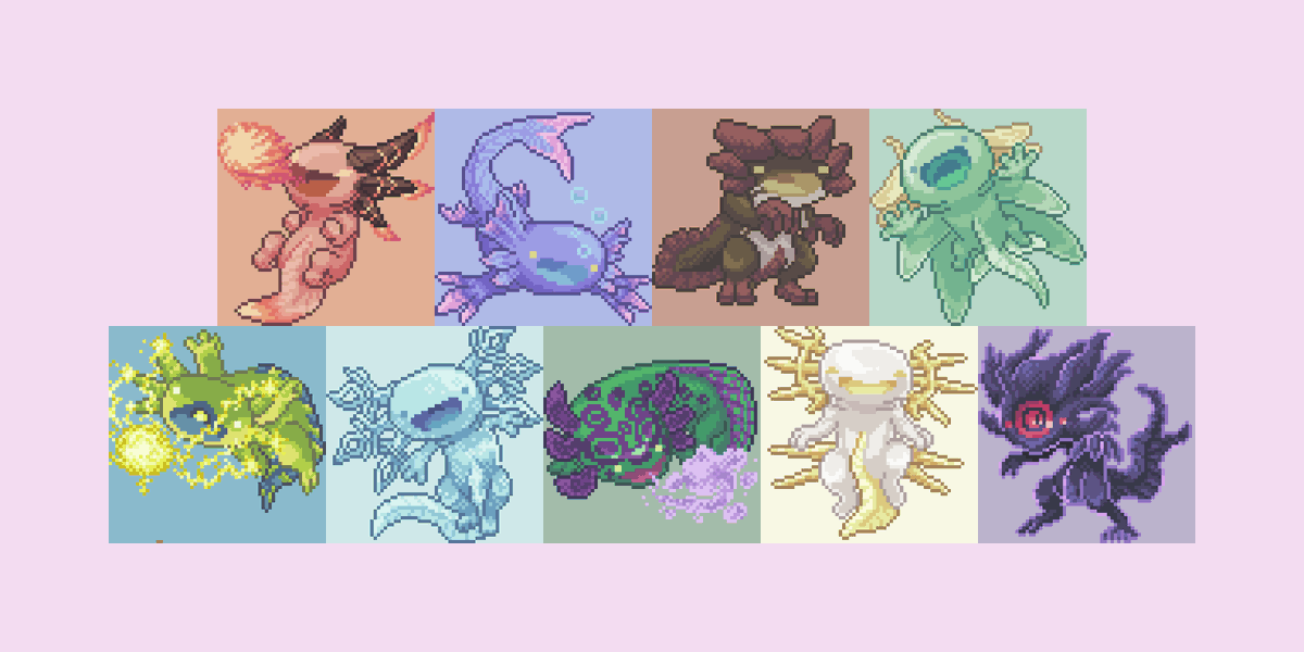 属性別ウーパールーパー
 火水土風
雷氷毒光闇
#pixelart #ドット絵 