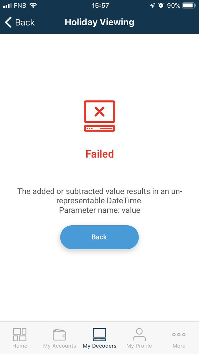 SeraphCPT's tweet photo. @DStv I am unable to reconnect my holiday home decoder using the App. The error I receive is the following. Please advise. https://t.co/bBNgVRvLoJ