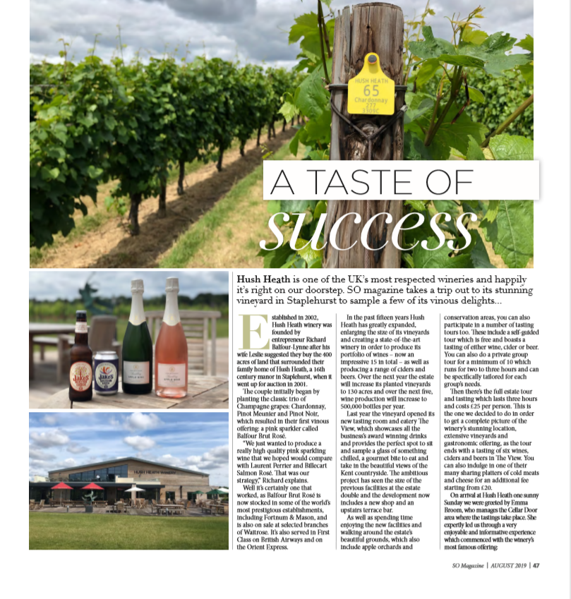 BalfourWinery's tweet photo. Great write up by So Magazine in their August Issue about their recent visit to our Estate, and our Charity fine dining evening for @TreeofHopeCC back in June! #visitkent #hushheath #hushheathestate #englishwine #balfourwines #winegardenofengland #somagazines #ukvineyards https://t.co/YY4CTUeOaA