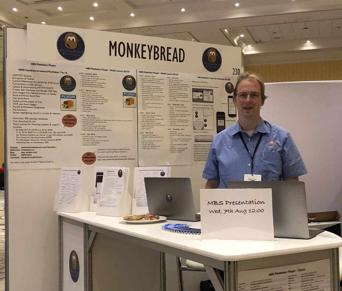 MBSPlugins's tweet image. Last day to come to Monkeybread Software booth at #FileMakerDevCon19 hosted by @ClarisOfficial to learn about MBS #FileMaker Plugin.
Get the flyer with the DevCon2019 coupon code to save 20% on your purchase.
And who wants some gummy bears from Germany?
mbs-plugins.com/archive/2019-0…