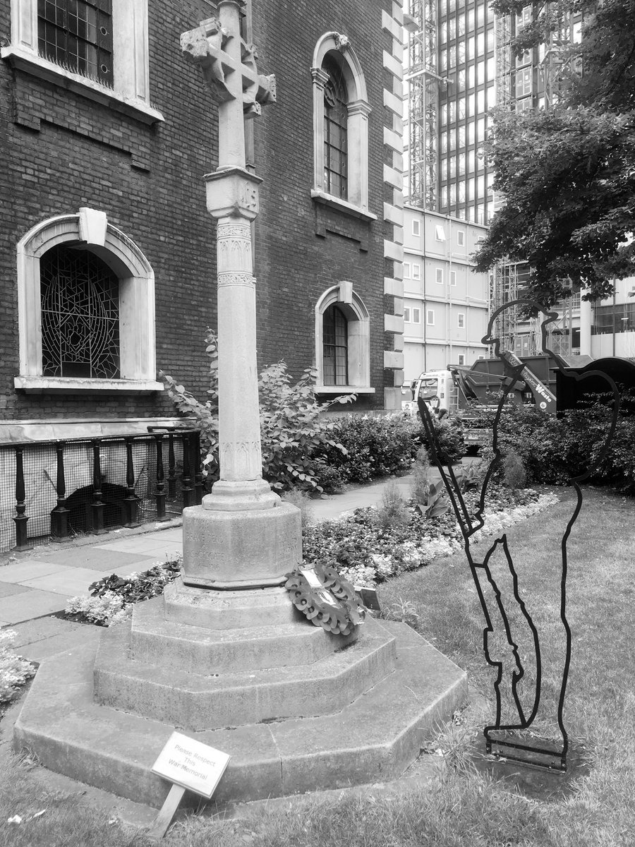 _CChurchill's tweet photo. War memorial cross believed to be the first memorial of the Great War to be set up in England- erected in 1916 following the Battle of Jutland and death of Lord Kitchener with ghost ‘Tommie’ sculpture at St Botolph without Bishopsgate #ww1 #warmemorial https://t.co/4ZxdGmLI71