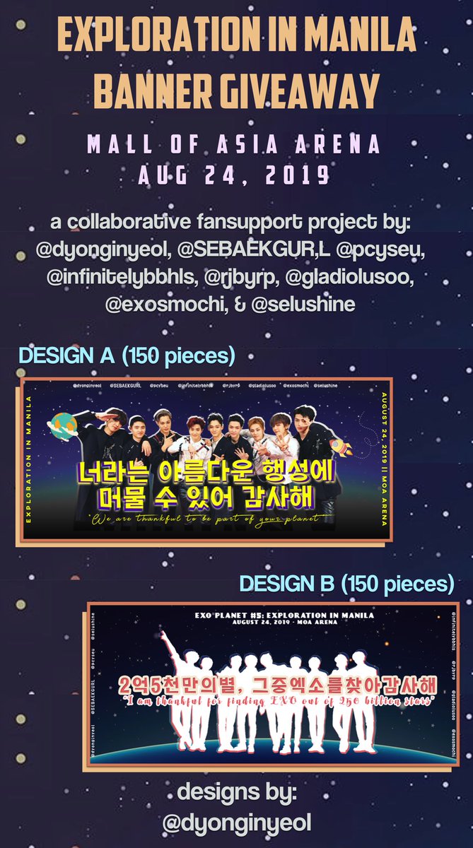 pcyseu's tweet photo. ใ #EXplOrationinManila Giveaway ใ
โก 300 pieces of banners will be given away on August 24, 2019! โ .* ห
โก Mechanics are on the photos โ .* หเผ
โก Further announcements will be on this thread, so stay tuned!! โ .* ห
SEE YOU THERE!
#EXplOrationinMNL #EXplOrationManila https://t.co/MhatBTpwlc